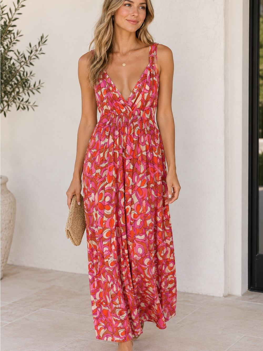 Floral Pink Wrap Maxi Dress with Smocked Waist